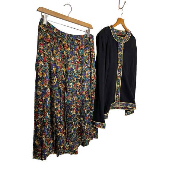 VTG Anne Crimmins for Umi Collections Black Floral Pleated Silk Skirt Set Med 10 - Picture 12 of 16